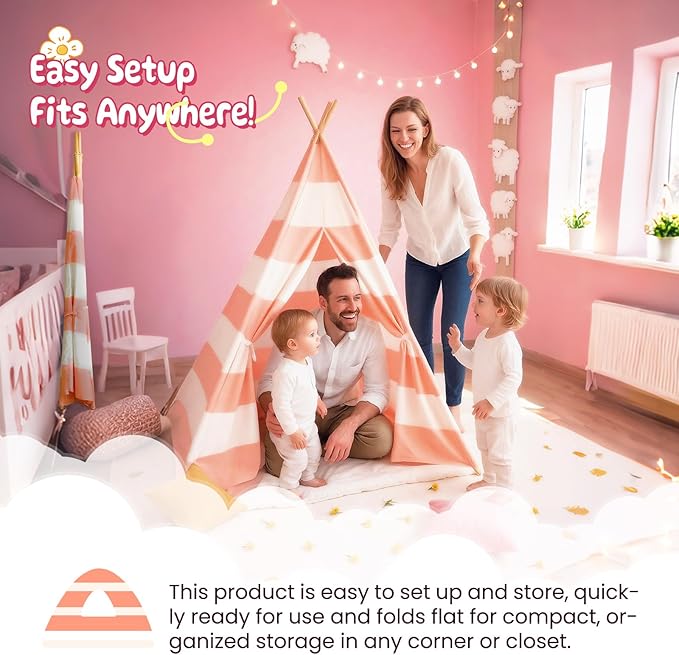 Teepee Tent for Kids with Padded Mat, Lights, and Carry Bag, Washable Playhouse for Indoor Use, Ideal Play Tent for Girls and Boys, Stripe Pink