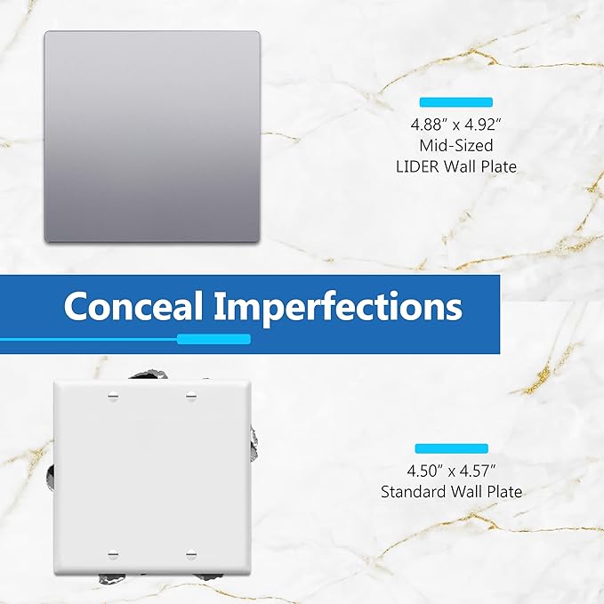 LIDER Double Blank Wall Plate, Temperature and Impact Resistant, UL Listed, Polycarbonate Thermoplastic, Screwless Design, Matte Finish, Modern Upgrade, Midsize, 2-Gang, 4.88??x 4.92?? Silver, 10 Pack