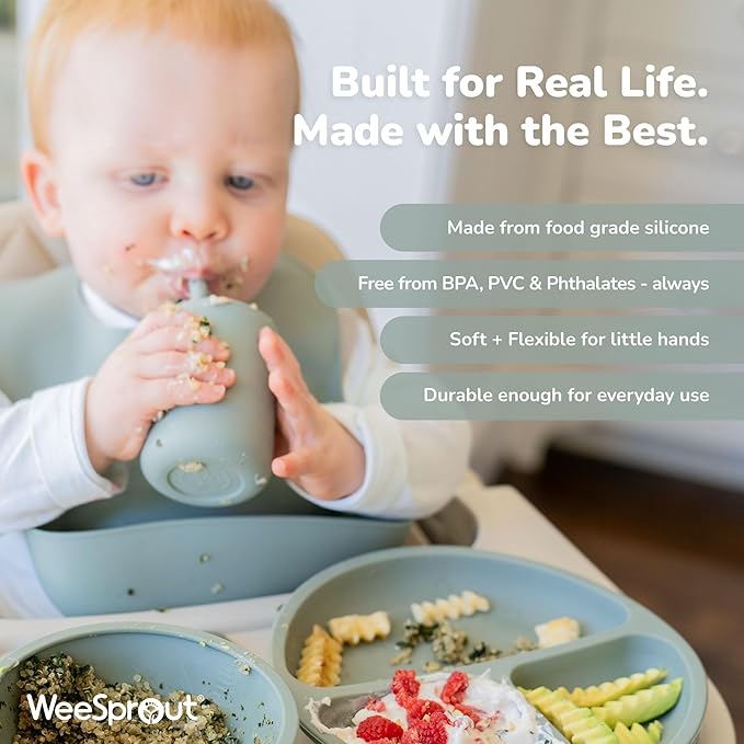 WeeSprout Silicone Baby Cups With Straws and Lids, 4 & 8 oz Options, Set of 2, Food Grade Toddler Training Container, Built In Straw Stoppers, Measurement Markings, Dishwasher Safe + Straw Cleaner