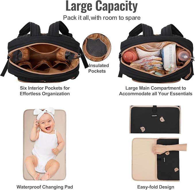 GOBABYMART Diaper Bag Backpack, Medium Maternity baby bag & Changing Pad, Insulated Pockets, Stroller Straps & Pacifier Case (Medium - Black Bears)