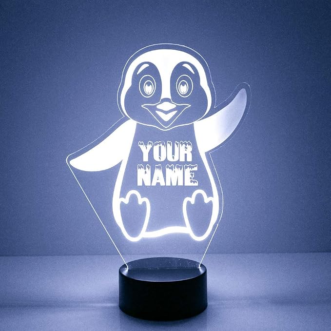 Personalized Penguin LED Sign Night Light Lamp with Remote, Custom Text, Acrylic Display with 16 Colors & 4 Modes, Battery or USB Power, Made in The USA