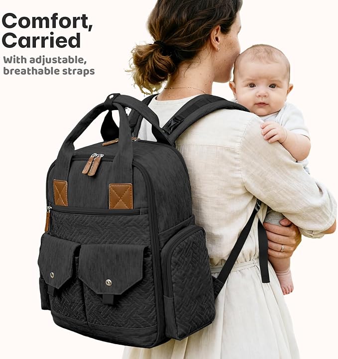 JSTPRO Diaper Bag Backpack - Large Diaper Bag with Portable Changing Pad as Baby Shower Gifts, Lightweight Waterproof Unisex Travel Baby Bag with 4 Insulated Pockets and Stroller Buckles, Black