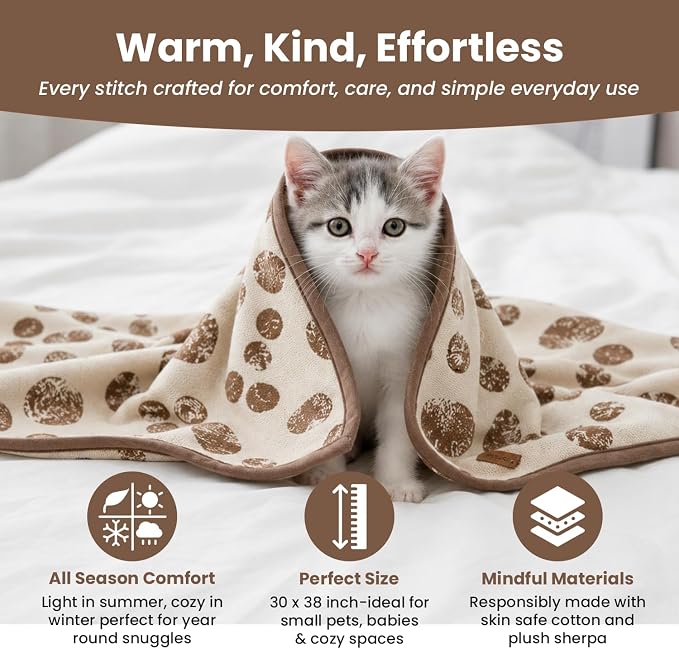 100% Organic Cotton Pet Blanket 30 x 38 in – Plush Double Layer Sherpa, Amber Glow Paw Jacquard Knit, Cozy Throw for Small Dogs, Cats & Baby – Earth Ivory/Mocha Meringue