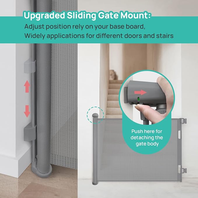 Retractable Baby Gate, Upgraded One-Way Lock Mesh Dog Gate Tall 34”, Extends up to 71” Extra Wide Pet Gate and Safety Child Gate for Stairs, Doorways, Hallways, Banisters, Indoors, Outdoors