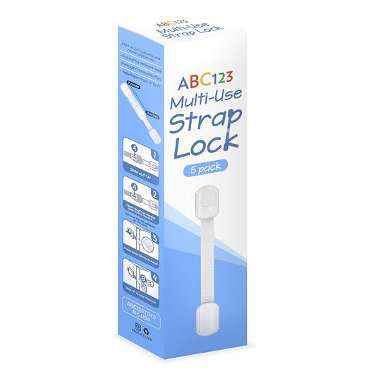 ABC123 - Child Safety Strap Locks (5 Pack) for Baby Proofing Cabinets, Drawers, Fridge & Toilets - Adjustable Strap Latches with Strong Adhesive, No Drilling Needed