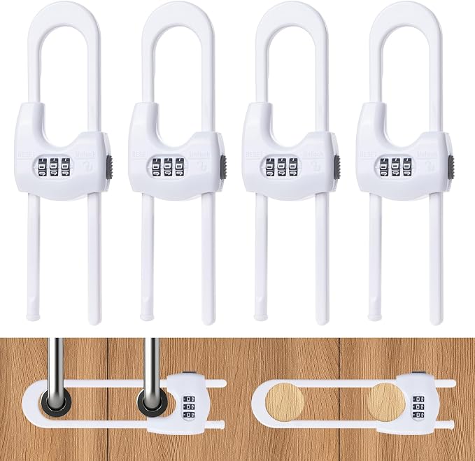 4 Pack Cabinet Locks Baby Proofing Upgrade Child Proof Cabinet Lock Adjustable U-Shaped Code Locks Sliding Cabinet Door Lock Latches Set for Cupboard Knob Handle Drawers Closet (White)