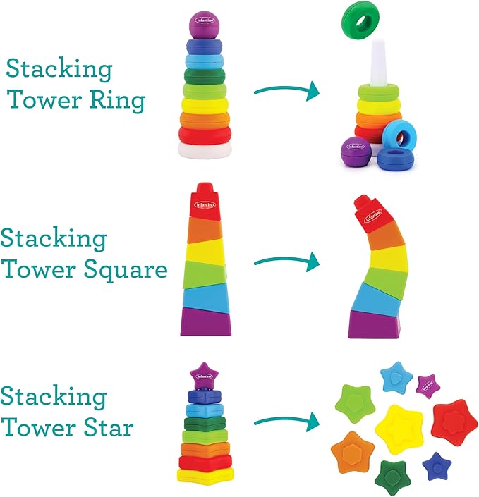 Infantino Tower Stackers Playset, Multicolor Rainbow-Themed Stacking Towers for Babies 12M+, 3-Style Set, Rings, Squares & Stars, 23 Pieces