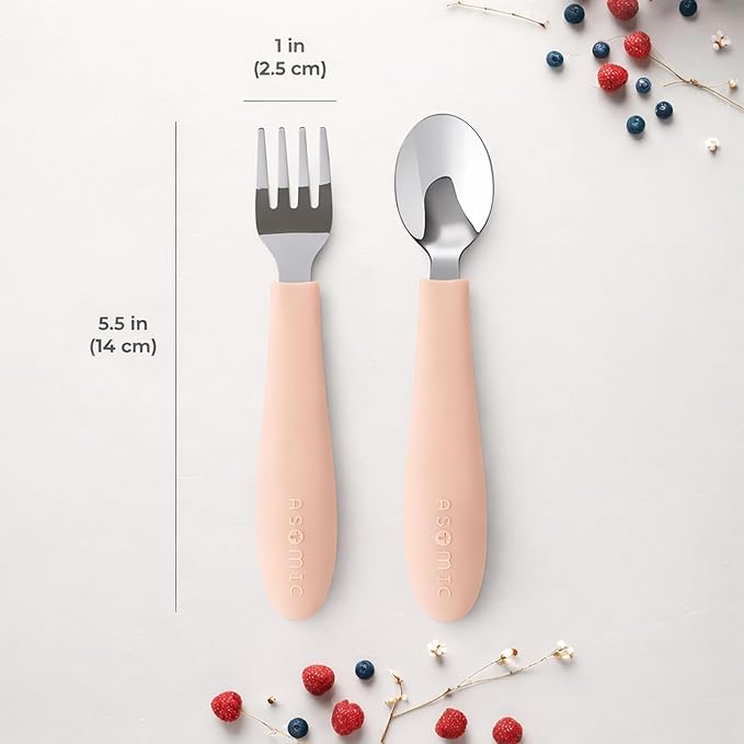 ASOMIC Toddler Utensils, 6-Piece Kids Silverware Set with Silicone Handles, 3 Forks & 3 Spoons, Premium 316 Stainless Steel, Dishwasher Safe (Pink/Lavender/Ivory)