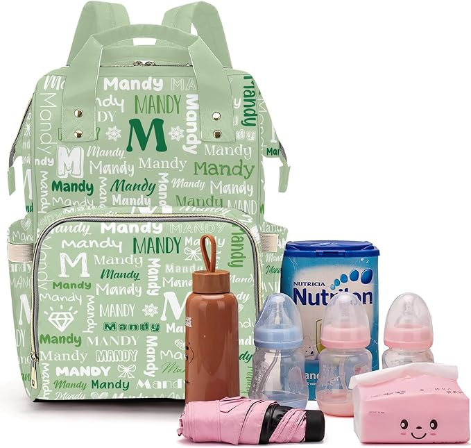 Custom Diaper Bag with Name Personalized Multifunctional Mommy Backpack for Daughter Granddaughter, Green Daypack Bag for Travel