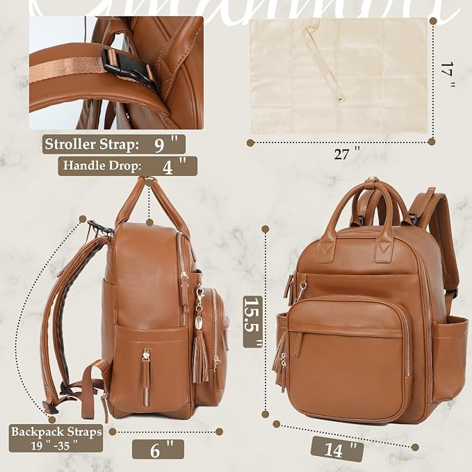 Omanmoli Diaper Bag Backpack,Leather Baby Bag with 16 Pockets,Large Travel Diaper Backpack,Baby Essential Organizer,4 Insulated Pockets,Changing Pad,Brown