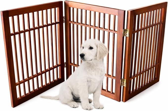 Urnporium Freestanding Wooden Dog Gate Foldable Indoor Pet Gate No Drill Expandable Barrier for Doorways Stairs Hallways Portable Wood Fence for Small Dogs & Puppies (Brown Pet Gate, 3 Panel 24" Tall)