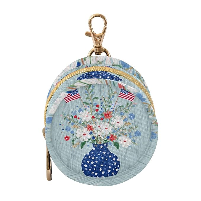 Pacifier Holder with Clip Pacifier Case for Diaper Bag Round Baby Pacifier Pouch Box Bag Portable Blue Patriotic Flowers Flag