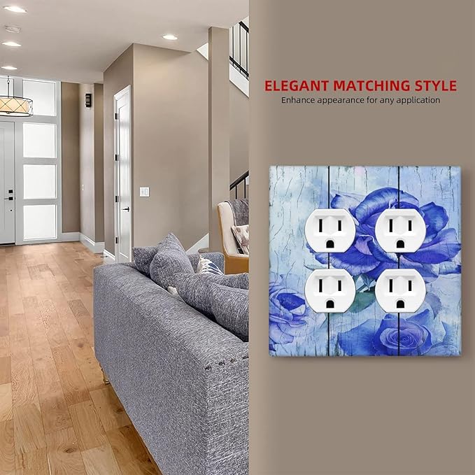 Blue Rose Flower Rustic Wood Plank Floral Outlet Covers 2 Gang Double Duplex Decorative Light Switch Covers Electrical Wallplates Socket Faceplate for Farmhouse Home Decor