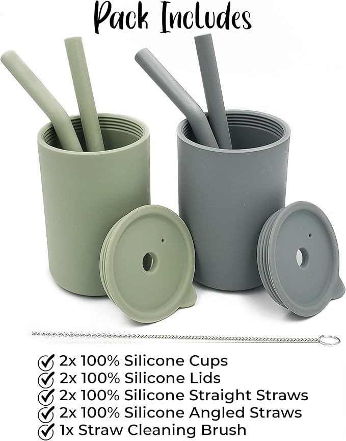 Silicone Toddler Smoothie Cups with Straw, Unbreakable Training Cup with Straw for Babies and Toddlers for less mess, BPA-Free Silicone Baby cup, 6+ Month, 6oz, 4 pack Green/Grey