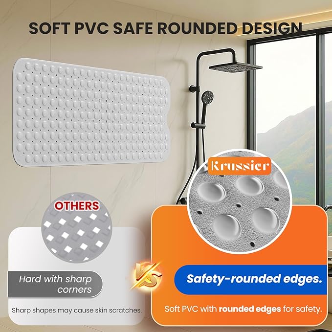 Non-Slip Bath Tub Mat, 39x16 Inch Extra Large Shower Mat with Drain Holes & Suction Cups, Machine Washable, Clear