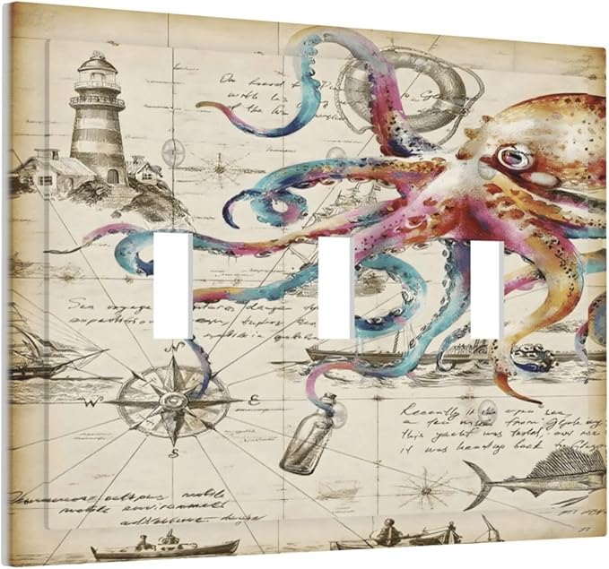 Cool Colorful Nautical Octopus Ocean Kraken Vintage Decorative Switch Plates 3 Gang Wall Plate Triple Toggle Light Switch Cover Faceplate Electrical Wall Panels for Bathroom Farmhouse Decor