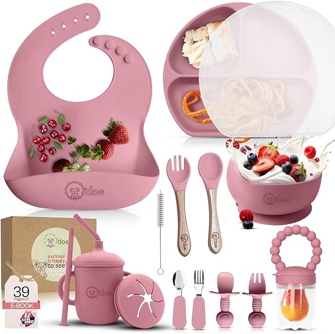 O'doe 17-Piece BPA-Free Silicone Baby Feeding Set | Thick & Soft Suction Plates, Baby Bowls, Wooden Fork & Spoon, and More | Make Mealtime Fun and Easy for Your Little One | Pink, V2