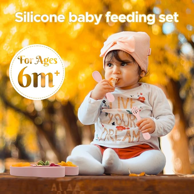BabyX Baby Silicone Feeder Set, 3-pcs Pink-Fish-themed Baby Plate with Suction, Spoon and Fork for Babies Toddler Kids, BPA-Free, Baby Utensils Feeding Supplies, Microwave and Dishwasher Safe