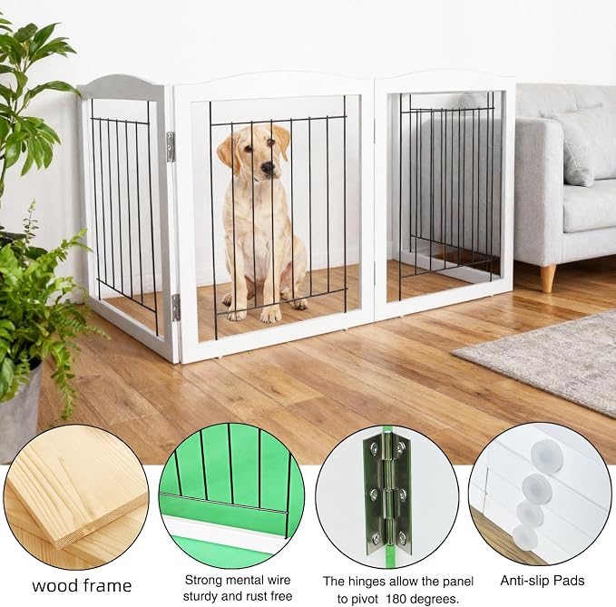 ZJSF Freestanding Foldable Dog Gate - Extra Wide White Puppy Gate for Stairs & Doorways - Tall 4 Panels Wooden Pet Fence