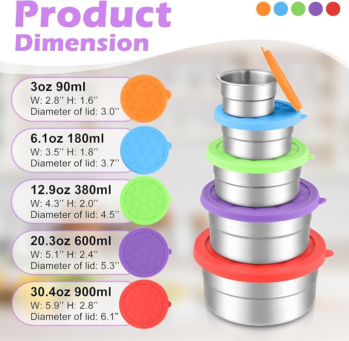E-far Stainless Steel Food Containers with Lids Set of 5, Round Snack Containers for Kids Toddlers Adults, Metal Food Storage Box for School Lunch, Leak Proof (3oz, 6oz, 12.9oz, 20.3oz, 30.4oz)