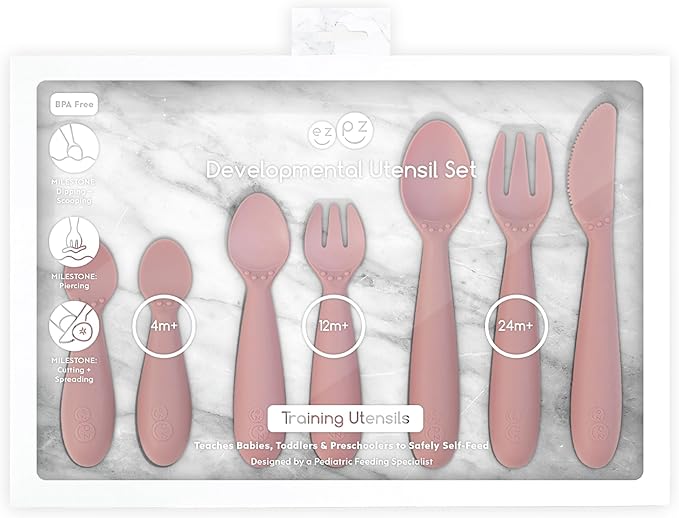 ezpz Developmental Utensil Set (Blush) - 100% BPA Free Fork, Spoon, Knife for Babies, Toddlers and Preschool - First Foods + Self-Feeding - Designed by a Pediatric Feeding Specialist