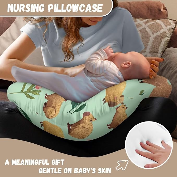 Green Leaf and Capybara Breastfeeding Pillow Cover Ultra Soft Comfortable Newborn Nursing Pillow Case Easy to Use and Dustptoof