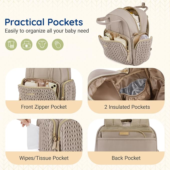 mommore Diaper Bag Backpack, Stylish Travel Baby Bag with Insulated Pockets, Changing Pad and Stroller Straps for Toddler (XS-Brown Taupe, Mini-16L)