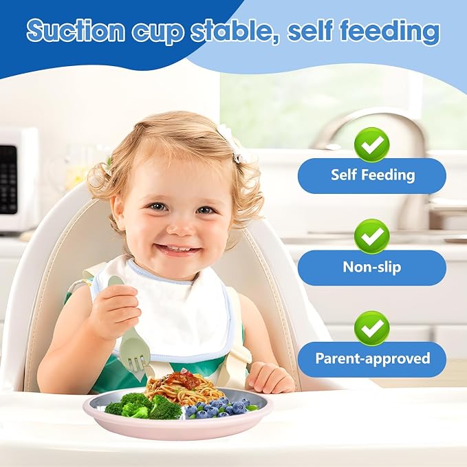 4-Pack Stainless Steel Baby Suction Plates, 9-Inch Toddler Divided Plates with Extra-Large Non-Slip Silicone Suction Base | Baby, Toddler, Kids| Dinner & Snack Plates | Dishwasher Safe