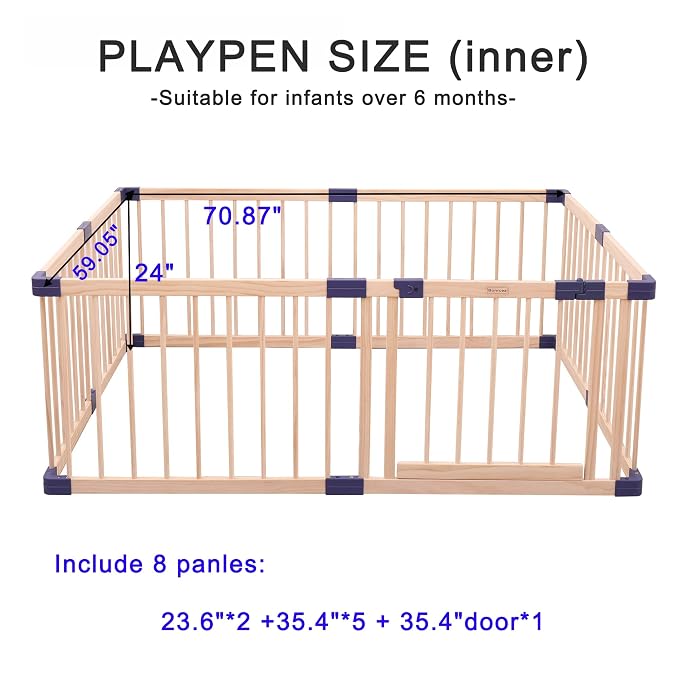 Baby Playpen,Wooden Playpen,Large Wood Adjustable Play Fence,Kid’s Play Space,Wood Baby Playard, Indoor Outdoor Blue Play are with Gate for Infants, Toddlers