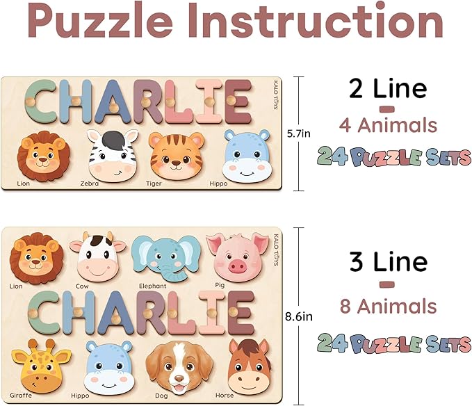 Personalized Name Puzzle for Toddlers 1-3 | Custom Wooden Baby Girl Gift with 48 Animal Art Sets | 1st Birthday Gift for Girls | Personalized Baby Boy & Girl Gifts Keepsake