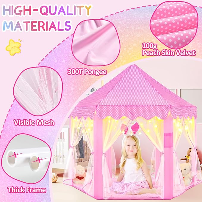 EVOIONOS Princess Tent for Girls, Kids Play Tent with LED Star Lights, Castle Playhouse for Children Indoor Outdoor Games, 55X53 inches, Pink
