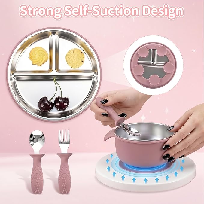 5-in-1 Stainless Steel Baby Feeding Set, Suction Divided Plates, Bowls, Silicone & Stainless Spoon Fork, Baby Tableware for Self-Feeding, Durable, BPA-Free (Pink)