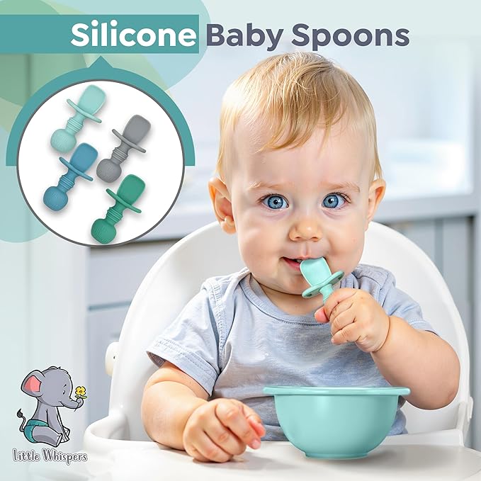 LittleWhispers Baby Silicone Spoons - Self Feeding 6 Months - Infant, Toddler, & Kid Friendly Utensils - First Stage, Baby Led Weaning - 4 Pack Utensil Set (Soft Blues)