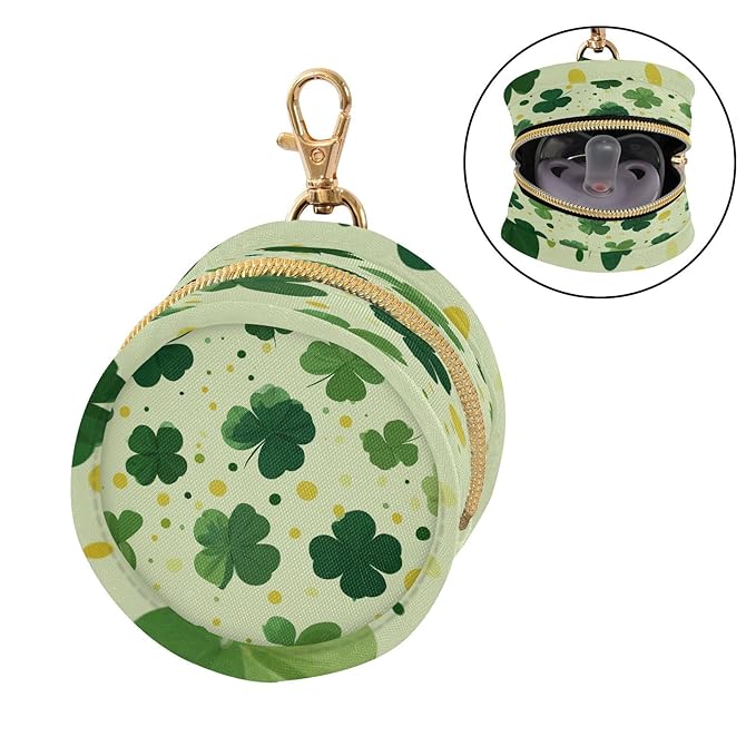 Pacifier Holder with Clip Pacifier Case for Diaper Bag Round Baby Pacifier Pouch Box Bag Portable Green Clovers and Polka Dots