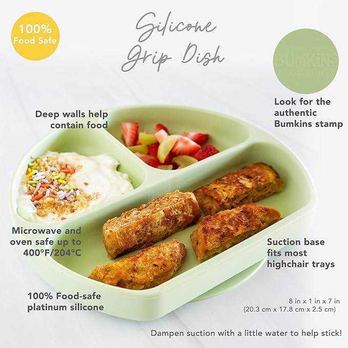 Bumkins Toddler and Baby Suction Plate, Silicone Divided Grip Dish, Babies and Kids, Baby Led Weaning, Children Feeding Supplies, Non Skid Sticky Bottom, Platinum Silicone, Ages 6 Months Up, Beige