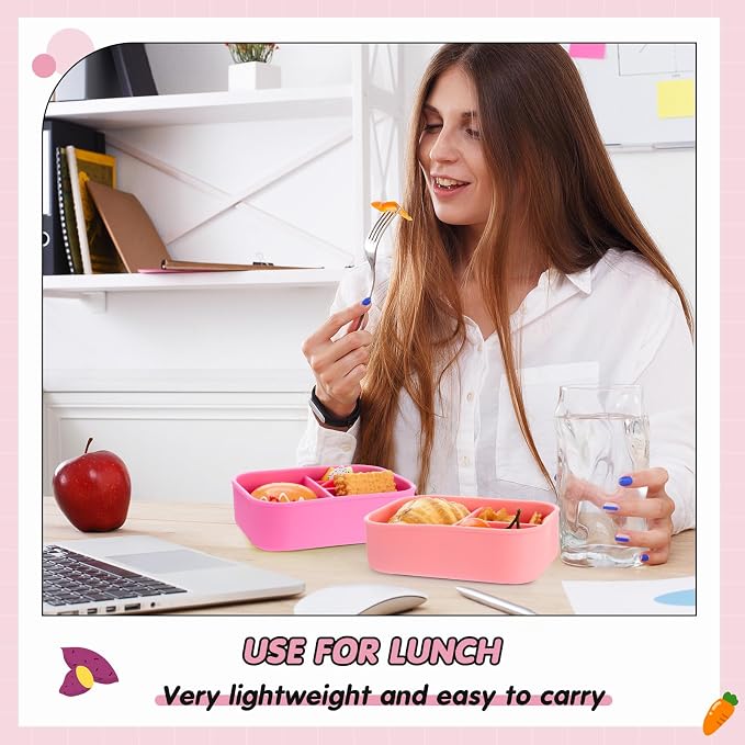 Layhit 6 Pcs Silicone Bento Box for Adults, 27 oz Bento Lunch Container Reusable Food Container for Women Men, Leak Proof Microwave Dishwasher Freezer Safe (3 Compartments,Fluorescent Multicolor)