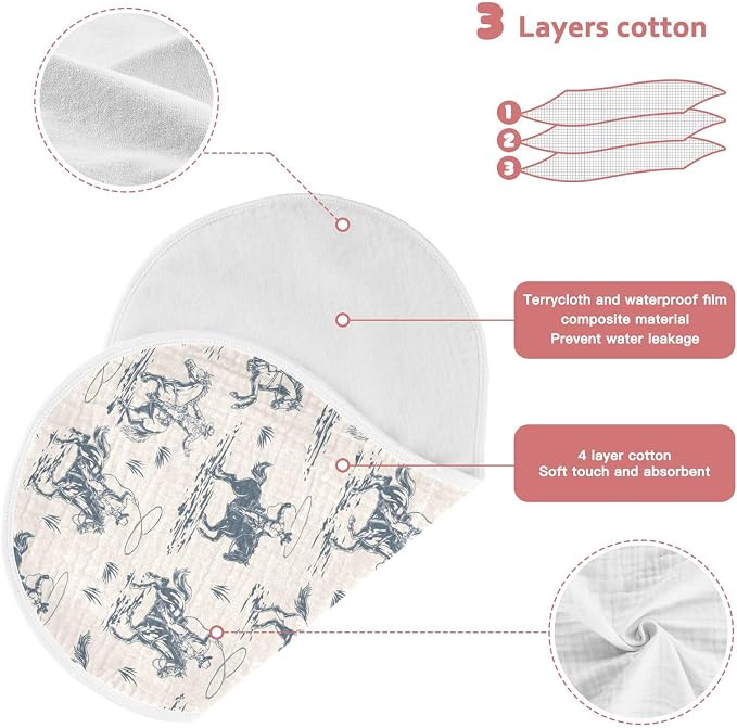 Muslin Burp Cloths for Baby Boys and Girls - 2-Pack Ultra Absorbent Western Cowboy Muslin Washcloths, Newborn Towel, Milk Spit Up Rags, Burp Cloth Bibs for Unisex, 22 x 11 Inch