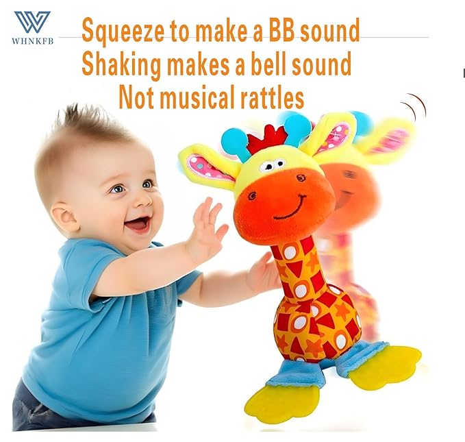 Baby Teether Rattle Toy - Soft Giraffe Plush with Crinkle Squeaky Sound, Sensory Shaker for Newborns 0-12 Months, Infant Learning and Travel Stroller Toy