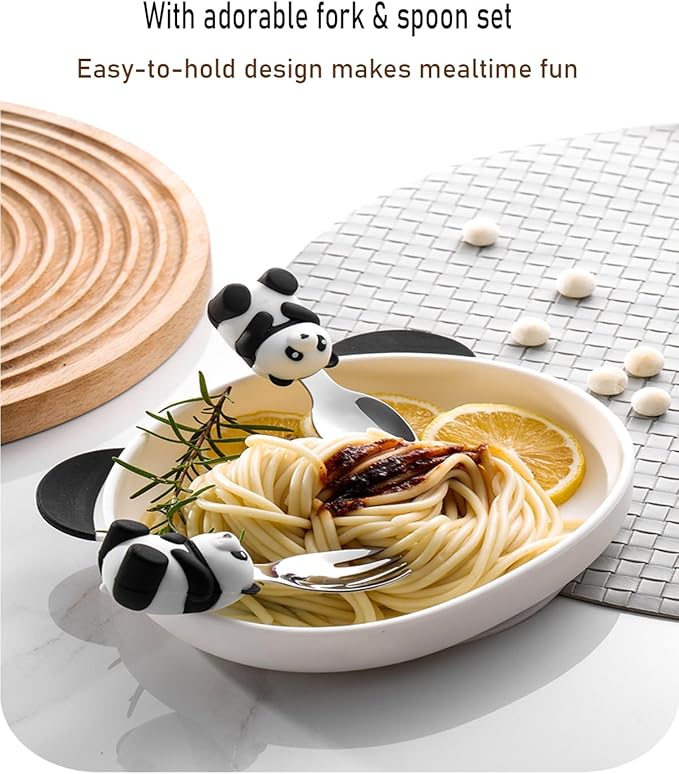 5-Piece Silicone Baby Feeding Set ??Baby Plates with Strong Suction, Toddler Plates Set, Unbreakable Food-Grade Silicone Divided Plate with Spoon, Fork, Bib & Straw Brush