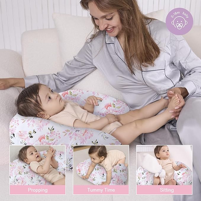 Little Grape Land Nursing Pillow, Upgraded Breast Feeding Pillow for Mom, Breastfeeding Bottle Feeding for 0??6 Months, Machine Washable Cover with Firm Breathable Filling for Tummy Time, Rose Floral