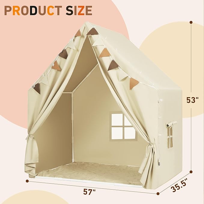 Kids Play Tent with Padded Mat & Star LED Lights for Ages 4-8-10 Year Old Girls Boys, Large Cute Indoor Play Room House Tent for Toddler Children (Beige)
