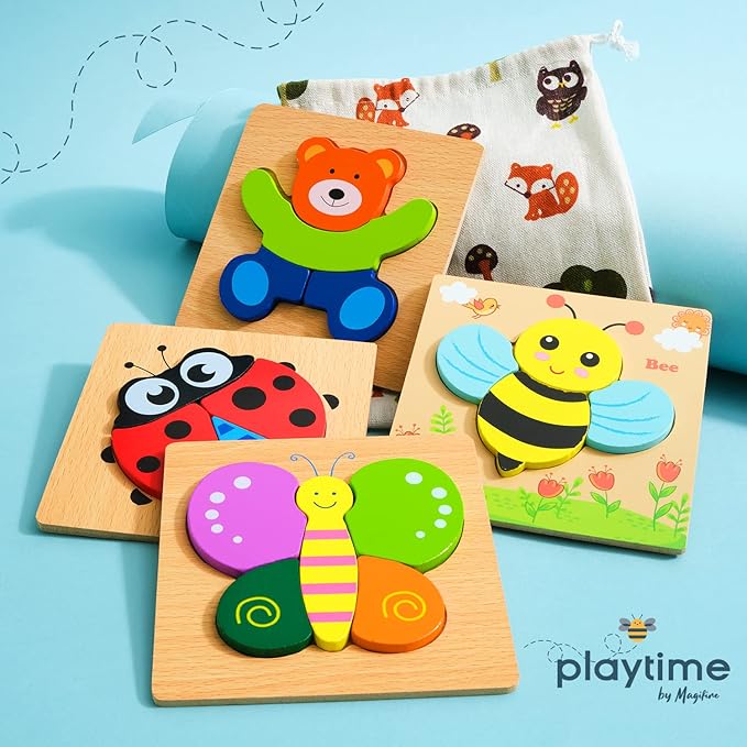 Magifire Wooden Puzzles, Set of 4 Puzzle Toys for Kids Toddlers 1–3, Baby Educational Animal Toys with Chunky Pieces & Bag - Butterfly, Bee, Ladybug, Bear