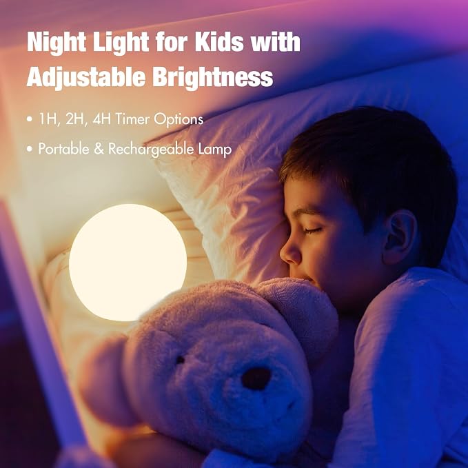 Kids Night Light, Dimmable Bedside Lamp, for Baby Nursery and Room Décor, 16 RGB Color-Changing, 4.8Inch Globe Light, Waterproof Floating Pool Light, Rechargeable Ambiance Light with Remote Control