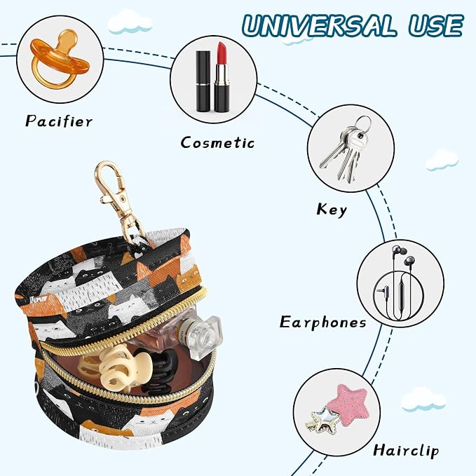 Pacifier Holder with Clip Pacifier Case for Diaper Bag Round Baby Pacifier Pouch Box Bag Portable Black and White Orange Cat