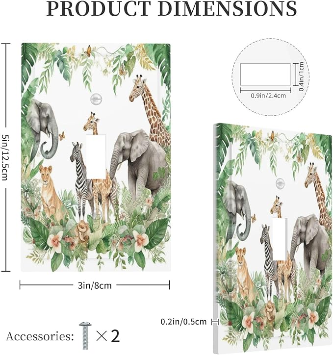 Tropical Leves Safari Animals Giraffe Elephant Zoo Decorative Light Switch Cover 1 Gang Single Toggle Device Electrical Faceplate Switchplates Decorator Outlet Wall Plate for Kids Room Nursery Decor