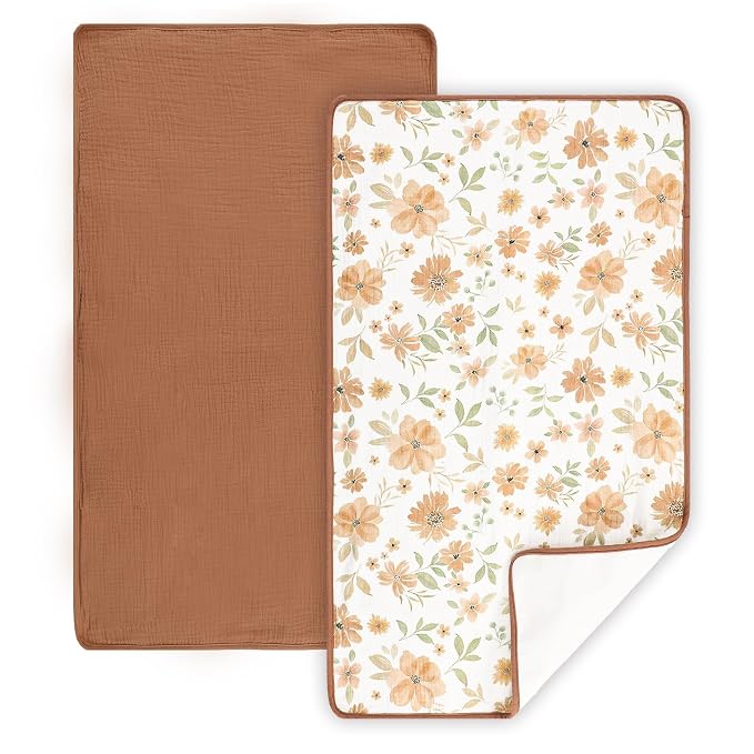 Waterproof Portable Changing Pad 2 Pack, Muslin Cotton Baby Changing Mat Comfortable & Breathable, Foldable Diaper Changing Pad for Travel, Machine Washable, Flower & Brown