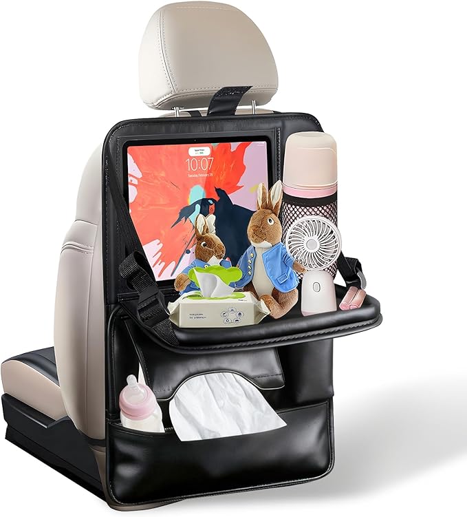 1-Pack Leather Car Backseat Organizer with Tablet Holder?“Foldable Food Tray,Storage Pockets,Trash Can,Tissue Holder & Insulated Bag?“Kick Mats Protector for Kids,Travel Accessories Organizer