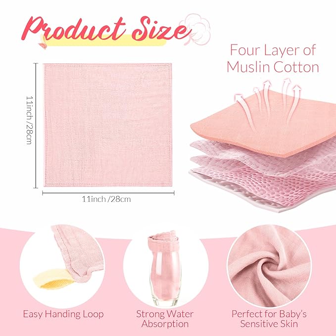 Preboun 6 Pcs Muslin Hooded Baby Towels and Washcloths 32"x 32" Cotton Newborn Bath Towel Anti-Shrink Infant Baby Blankets with Hood 12"x 12" Washcloths for Girl Boy Toddler(Ivory,Pink)