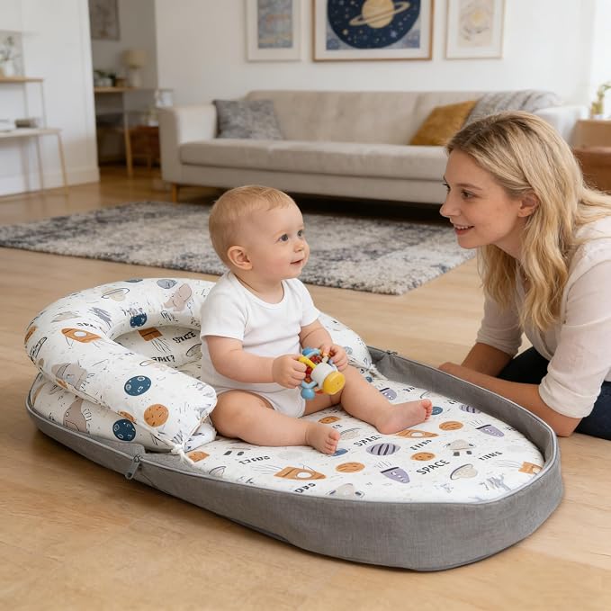 Tummy Time Mat, 2-in-1 Convertible to Backpack, Premium Memory Foam Baby Play Mat, Removable Machine Washable Cover, Foldable for Floor, Couch & Travel, Spaceship