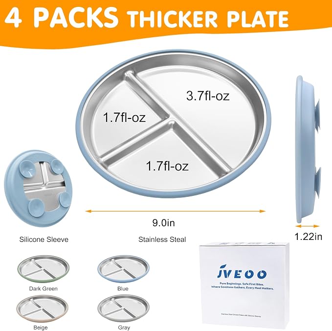 Stainless Steel Toddler Plates with Suction, 4 Pack Kids Baby Plates Set with Sturdy Silicone Suction Base Easy to Clean 9 inch